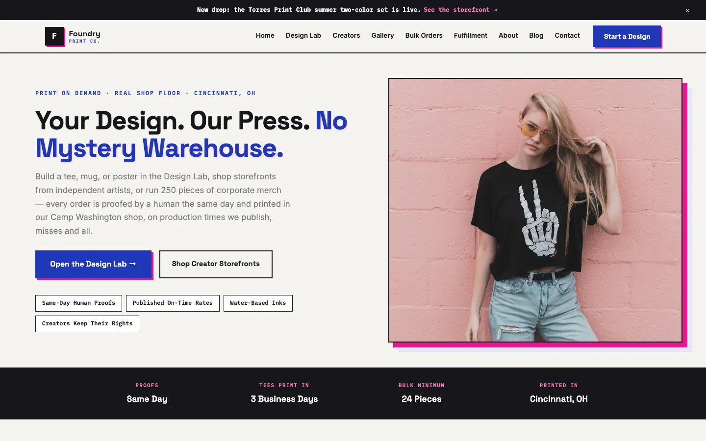 Screenshot of Foundry Print Co., a Print on Demand website built on WorkspaceCMS — Design-Your-Own Configurator + Creator Storefronts.