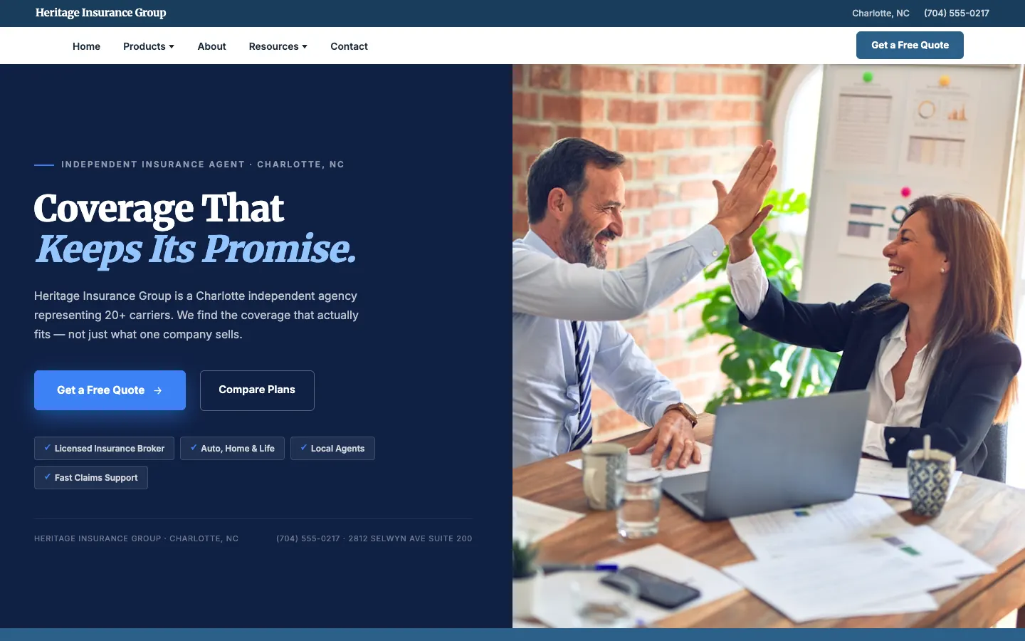 Screenshot of Heritage Insurance Group, a Insurance Agency website built on WorkspaceCMS — Multi-Line Product Comparison Cards.