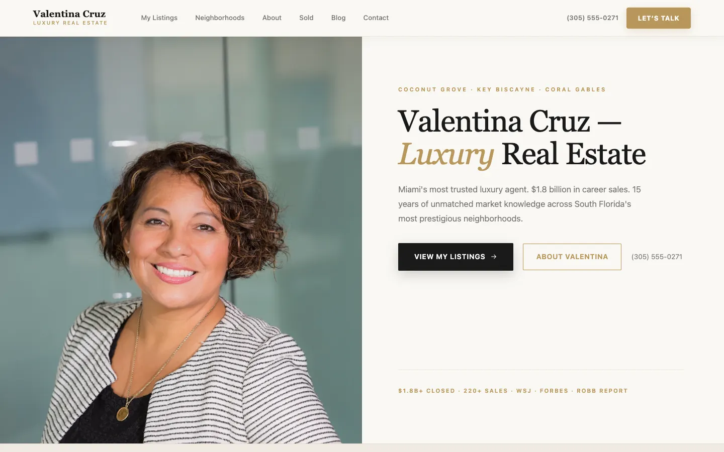 Screenshot of Valentina Cruz Luxury Real Estate, a Luxury Real Estate / Solo Agent website built on WorkspaceCMS — Personal Brand Storytelling.