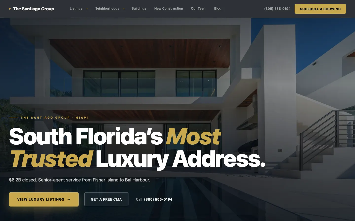 Screenshot of The Santiago Group, a Luxury Real Estate / Team website built on WorkspaceCMS — Condo Building IDX Pages.