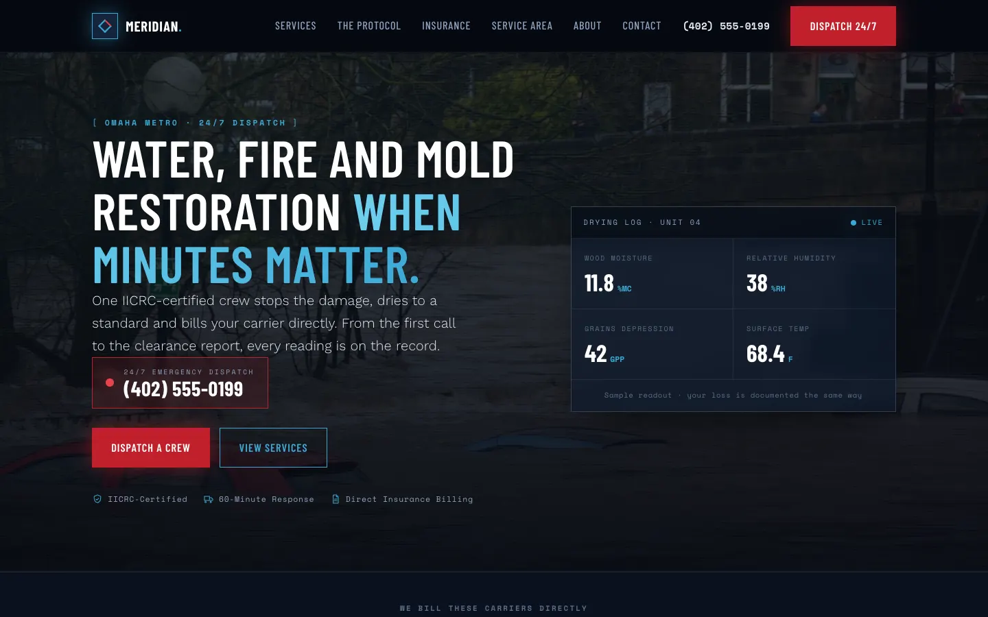 Meridian Restoration Group — live restoration & water damage website built on WorkspaceCMS