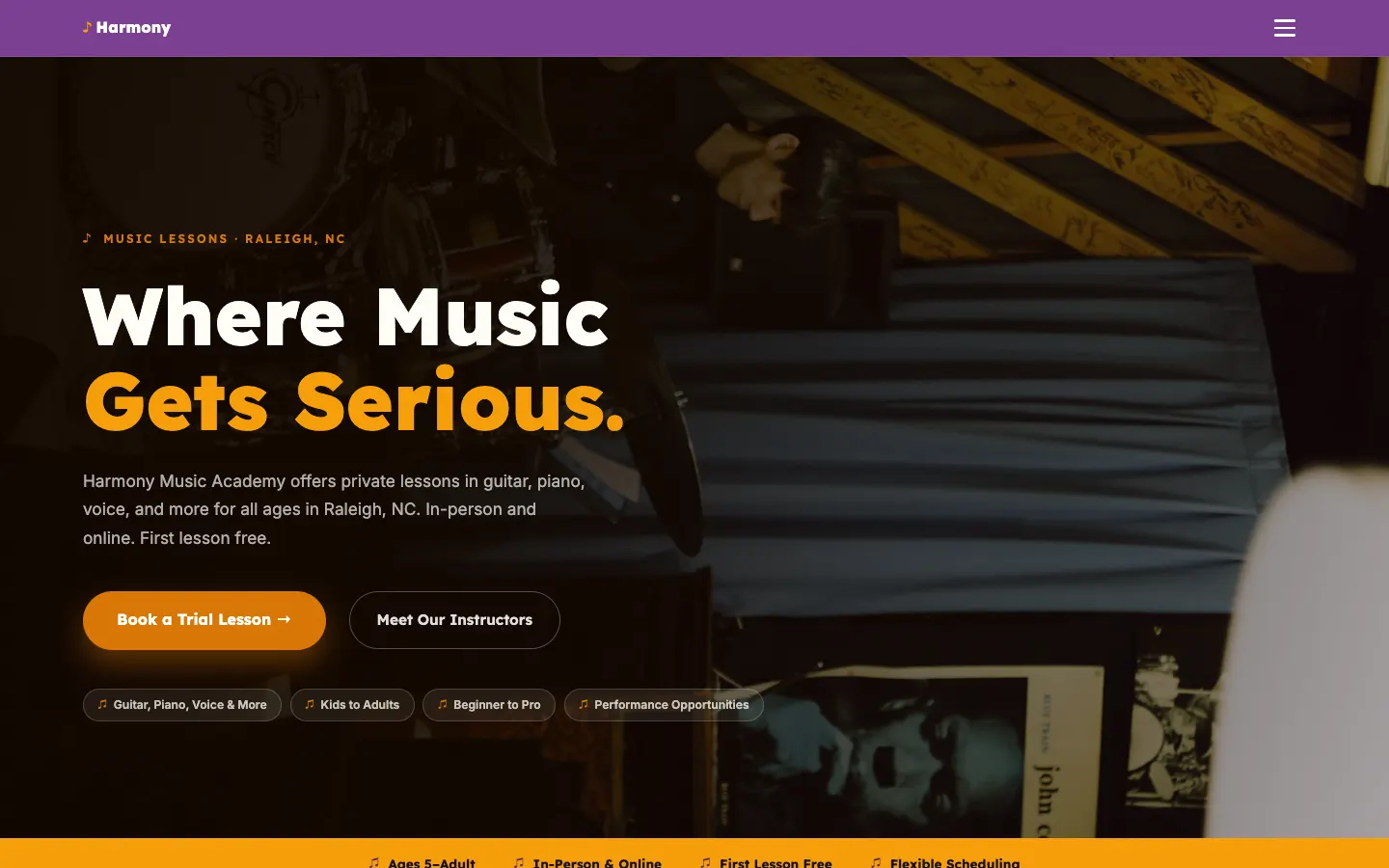 Screenshot of Harmony Music Academy, a Music School website built on WorkspaceCMS — Instrument & Age-Group Program Finder.
