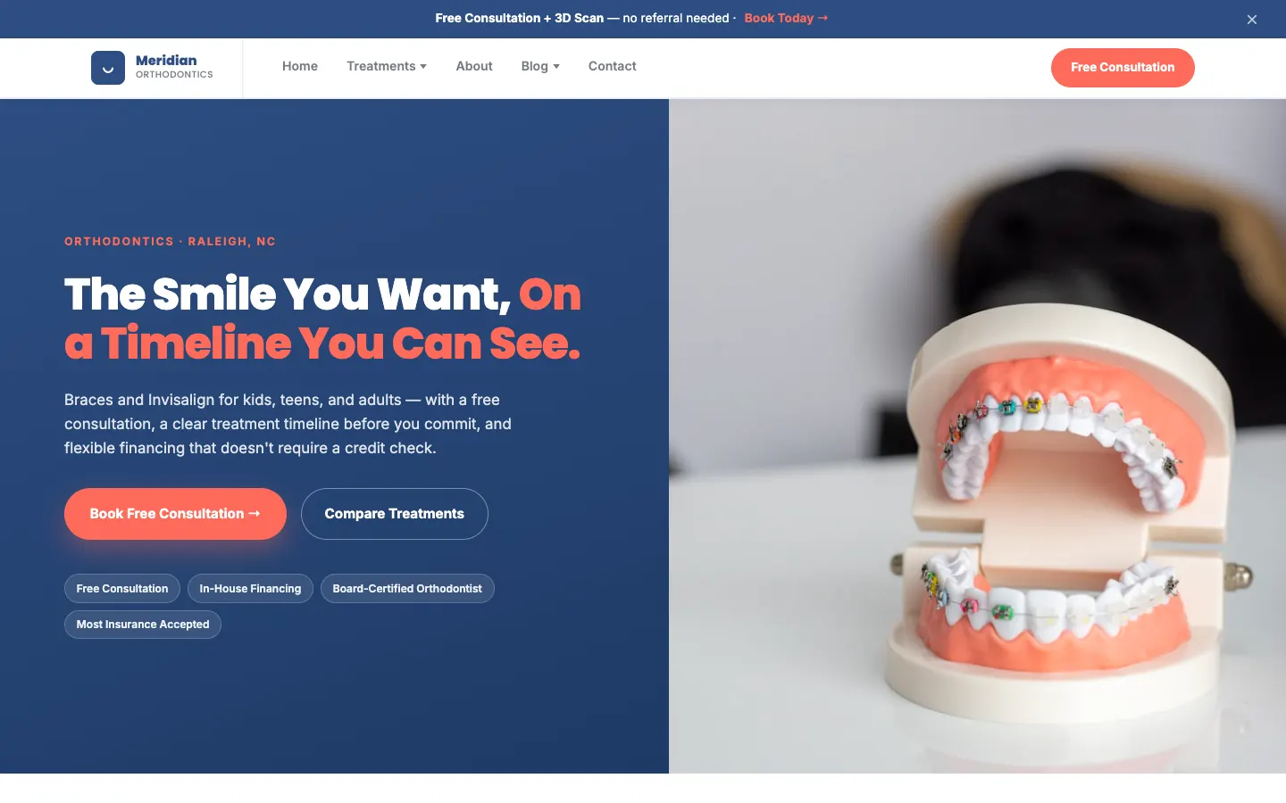 Screenshot of Meridian Orthodontics, a Orthodontics website built on WorkspaceCMS — Treatment Comparison + Free Consultation Booking.