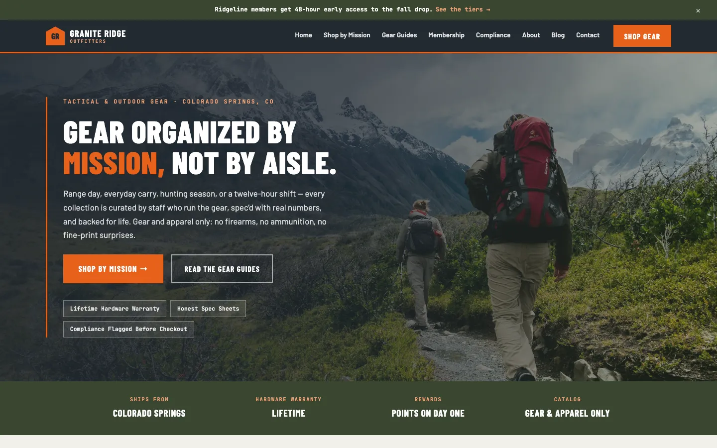 Screenshot of Granite Ridge Outfitters, a Tactical Gear website built on WorkspaceCMS — Shop-by-Mission Grid + Compliance-Aware Merchandising.