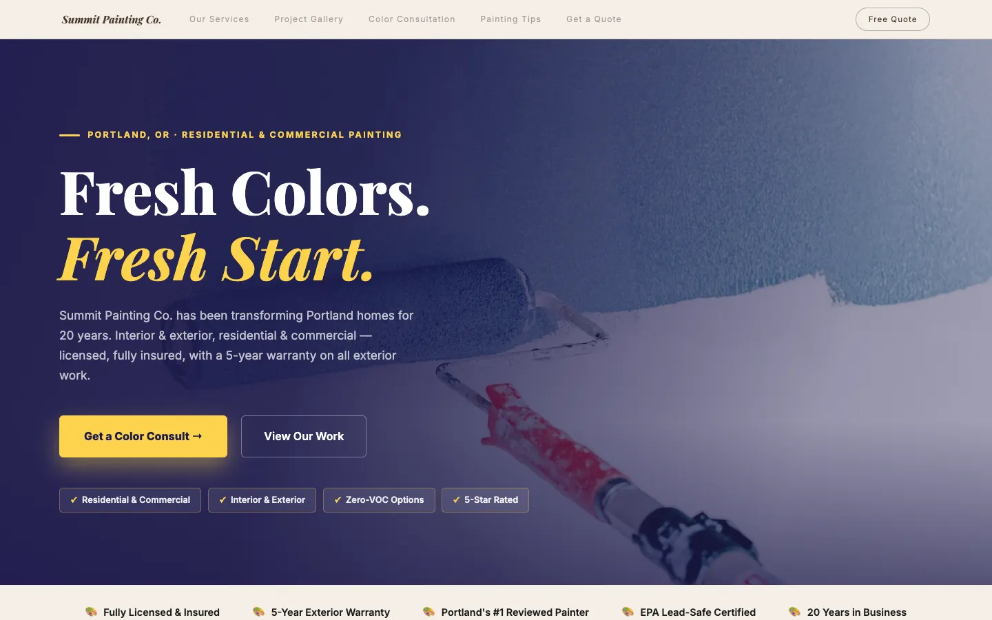 Screenshot of Summit Painting Co., a Painting Contractor website built on WorkspaceCMS — Color Consultation CTA + Portfolio Gallery.