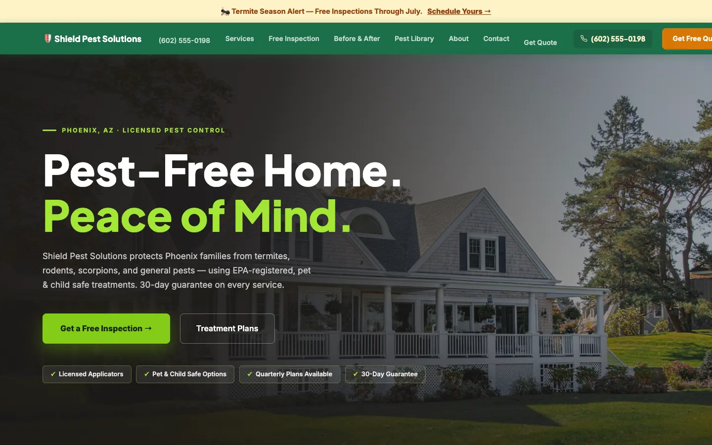 Screenshot of Shield Pest Solutions, a Pest Control website built on WorkspaceCMS — Service Guarantee + Seasonal Treatment Plans.