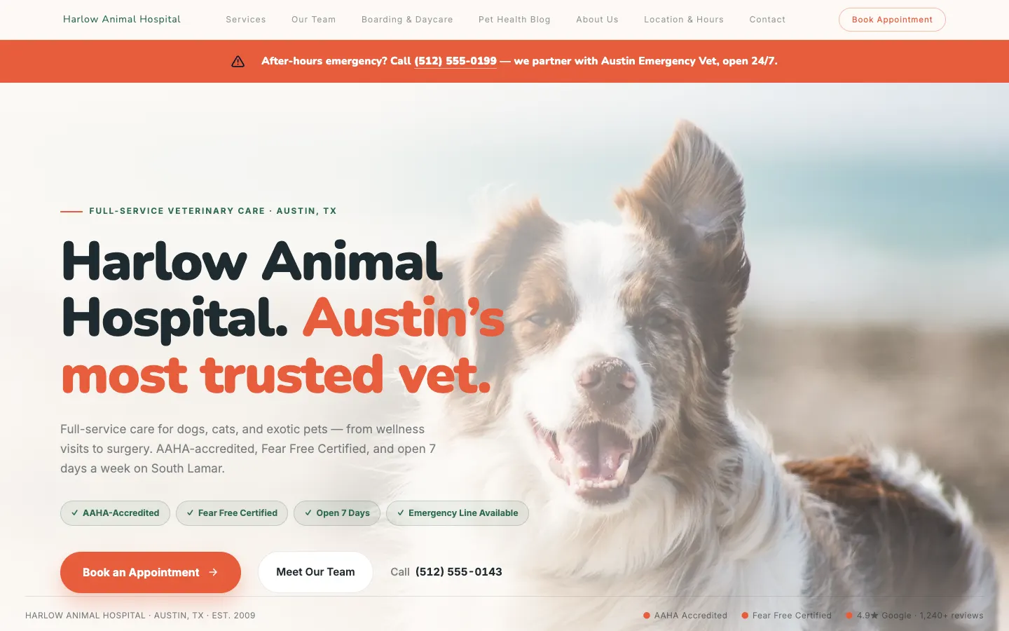 Screenshot of Harlow Animal Hospital, a Veterinary / Pet Care website built on WorkspaceCMS — Appointment Booking + Online Pharmacy.