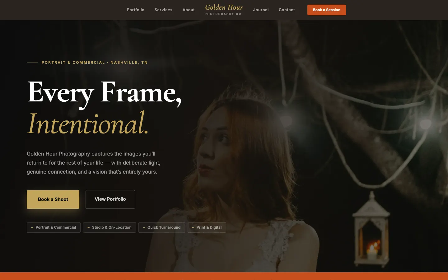 Screenshot of Golden Hour Photography Co., a Photography website built on WorkspaceCMS — Masonry Portfolio Gallery + Session Packages.