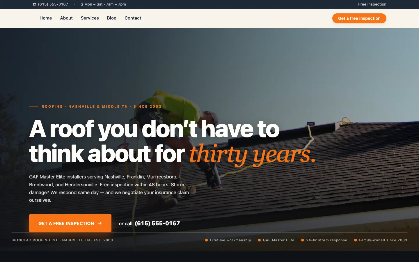 Screenshot of Ironclad Roofing Co., a Roofing website built on Workspace CMS — Storm Before/After Gallery.