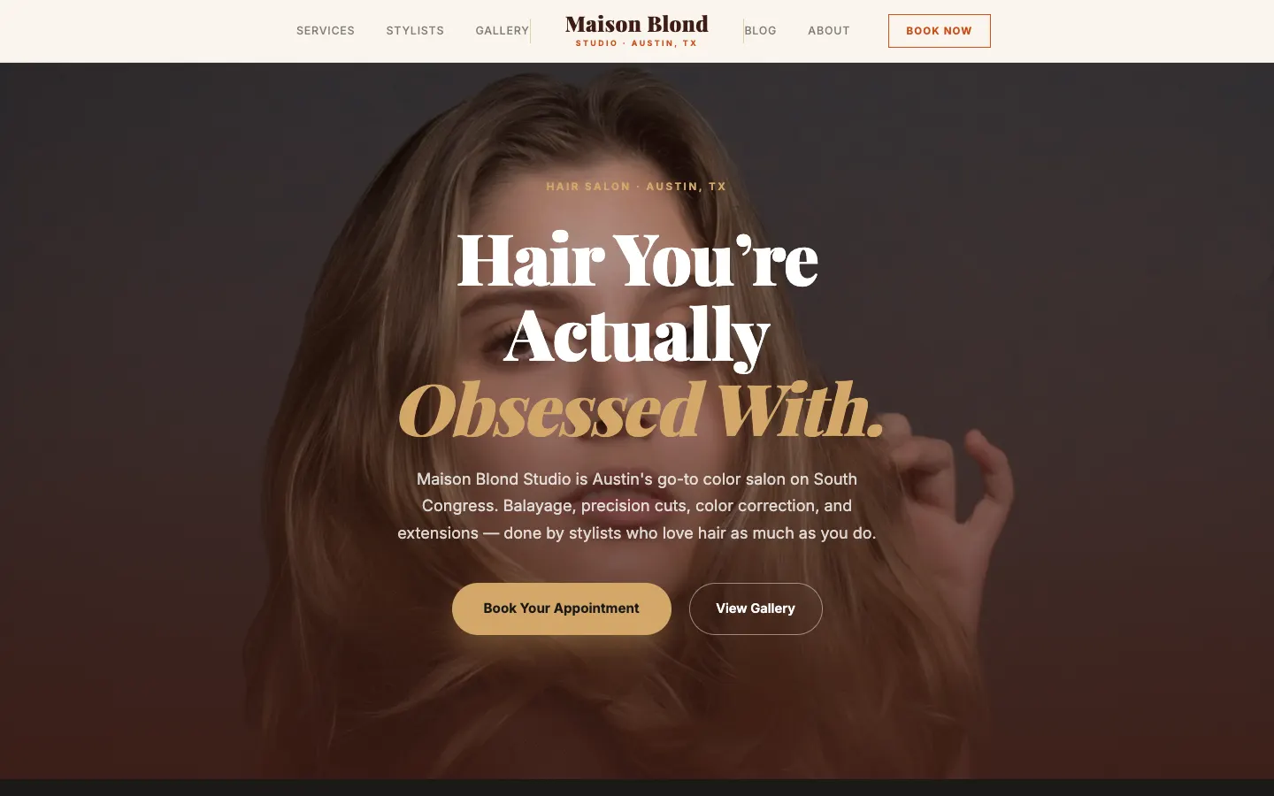 Screenshot of Maison Blond Studio, a Hair Salon website built on WorkspaceCMS — Stylist Portfolio + Before/After Gallery.