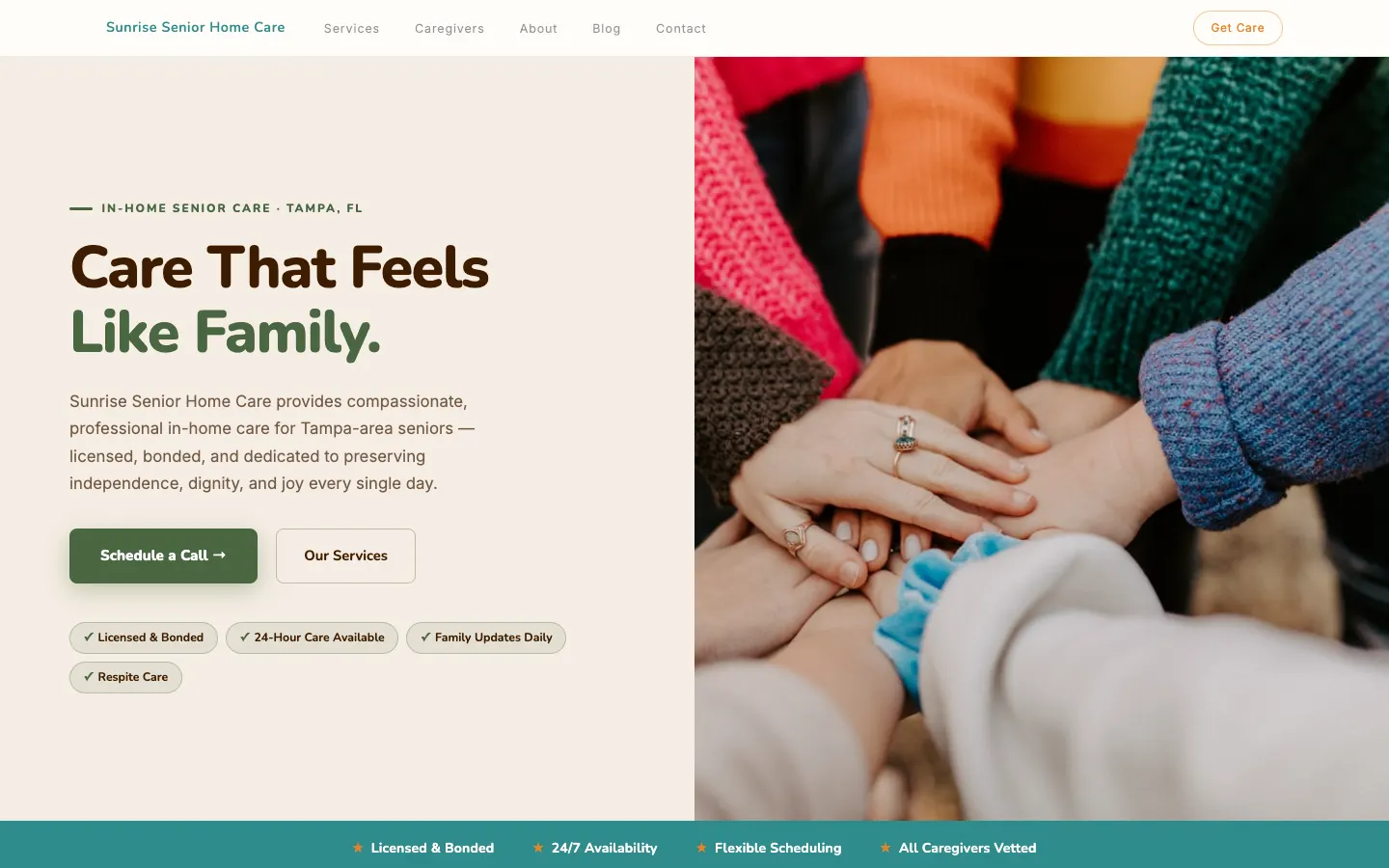 Screenshot of Sunrise Senior Home Care, a Senior Care website built on WorkspaceCMS — Caregiver Matching + Care Plan Guide.