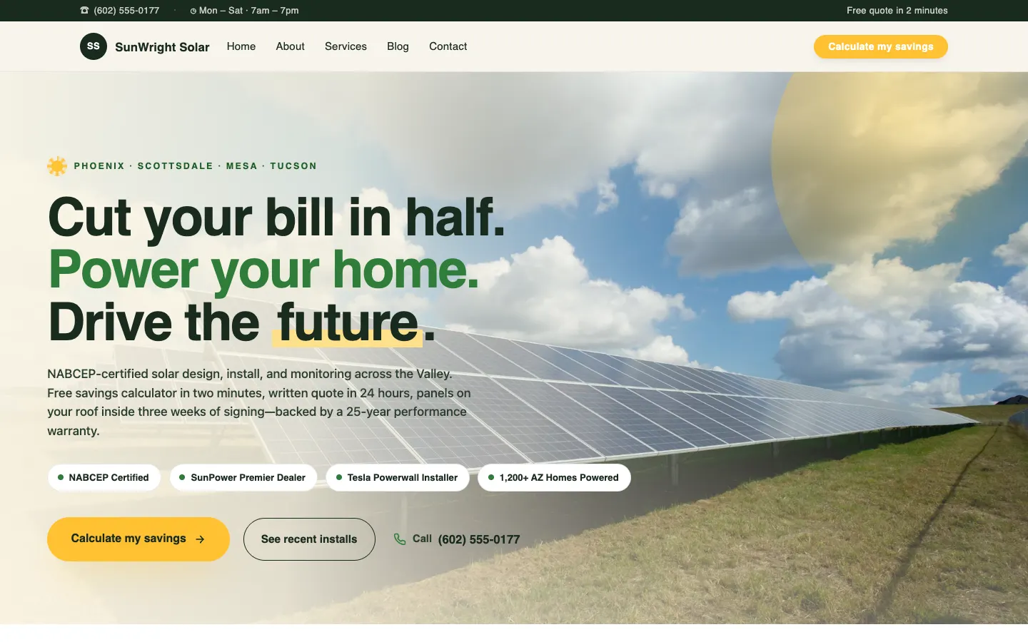 Screenshot of SunWright Solar, a Solar website built on Workspace CMS — Solar Savings Calculator.