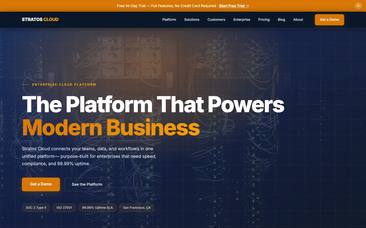 Screenshot of Stratos Cloud, a Enterprise SaaS Platform website built on WorkspaceCMS — Data Fabric + Workflow Engine + Security Layer.