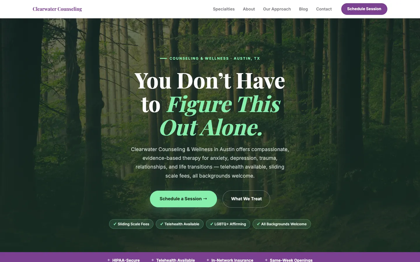 Screenshot of Clearwater Counseling & Wellness, a Mental Health Therapy website built on WorkspaceCMS — Specialty Modality Pages + Intake Form.