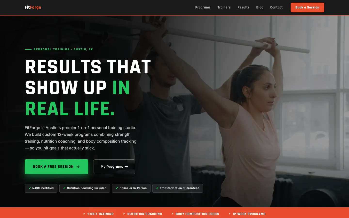 Screenshot of FitForge Personal Training, a Personal Training website built on WorkspaceCMS — Training Program Menu + Trainer Matchup.