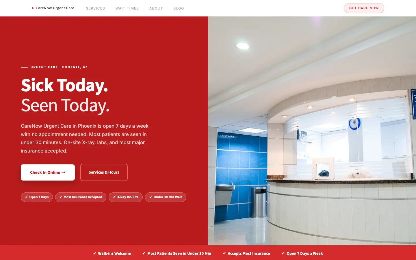 Screenshot of CareNow Urgent Care, a Urgent Care website built on WorkspaceCMS — Live Wait Time Widget.