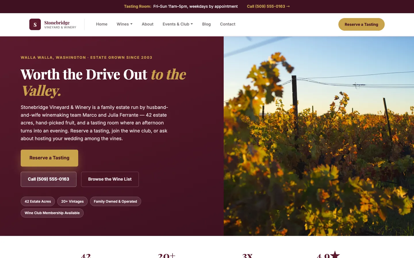 Screenshot of Stonebridge Vineyard & Winery, a Winery & Vineyard website built on WorkspaceCMS — Tasting Reservations + Wine Club & Private Event Inquiry.