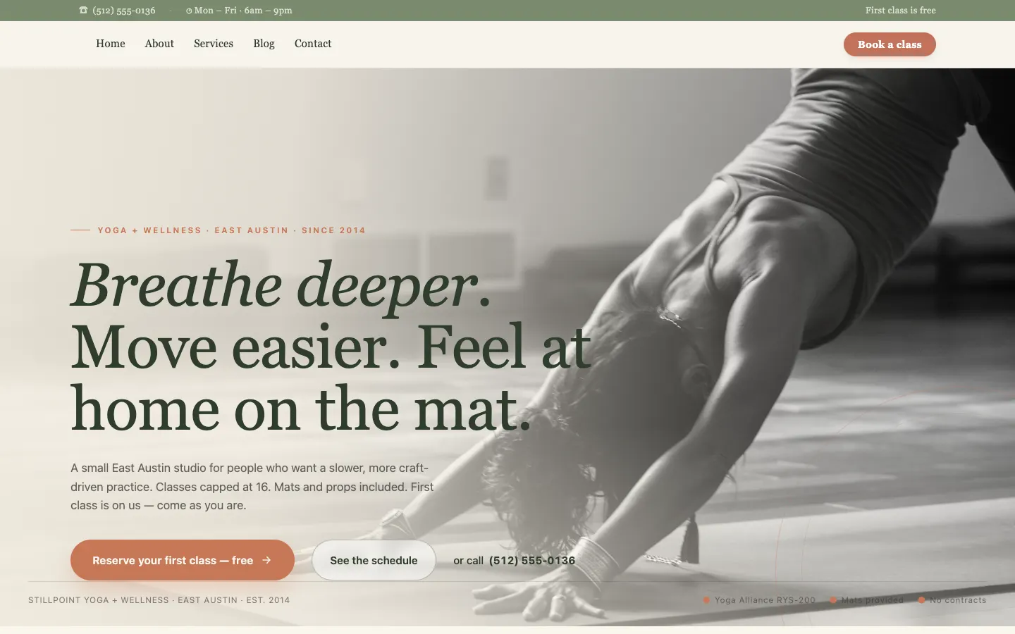 Screenshot of Stillpoint Yoga, a Yoga Studio website built on Workspace CMS — Weekly Schedule Grid.